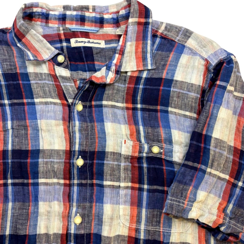 Tommy Bahama Mens XL Blue Red Plaid 100% Linen Short Sleeve Button Up Shirt